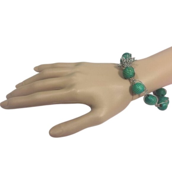 Handcrafted 8" Teal Green Wood Beaded Boho Wire Wrapped Bangle Bracelet - Picture 3 of 6